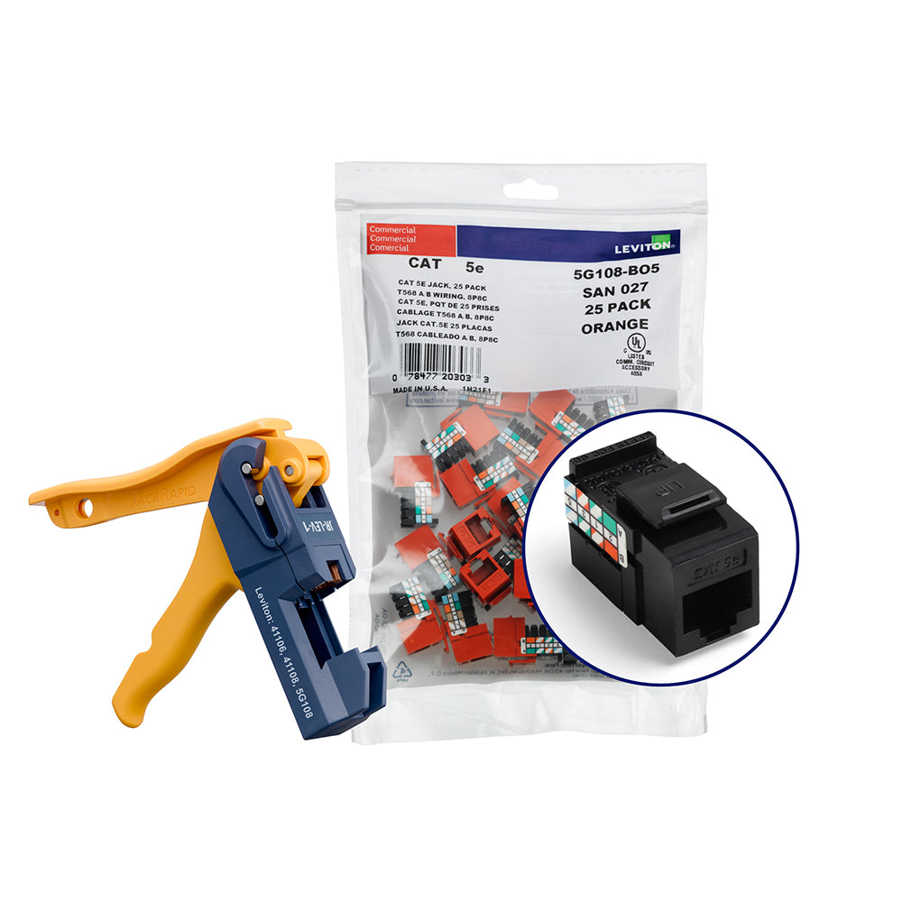 Leviton 5G108-JE5 | 150 GigaMax Category 5e QuickPort Jacks, Bulk QuickPack, Black, Kitted with JackRapid Tool