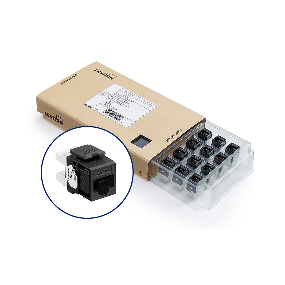 Leviton 6110G-CE6 | eXtreme Cat 6A QuickPort Jack, Channel-Rated, Black, GreenPack 12-Pack (includes 12 jacks and 12 cones of silence)