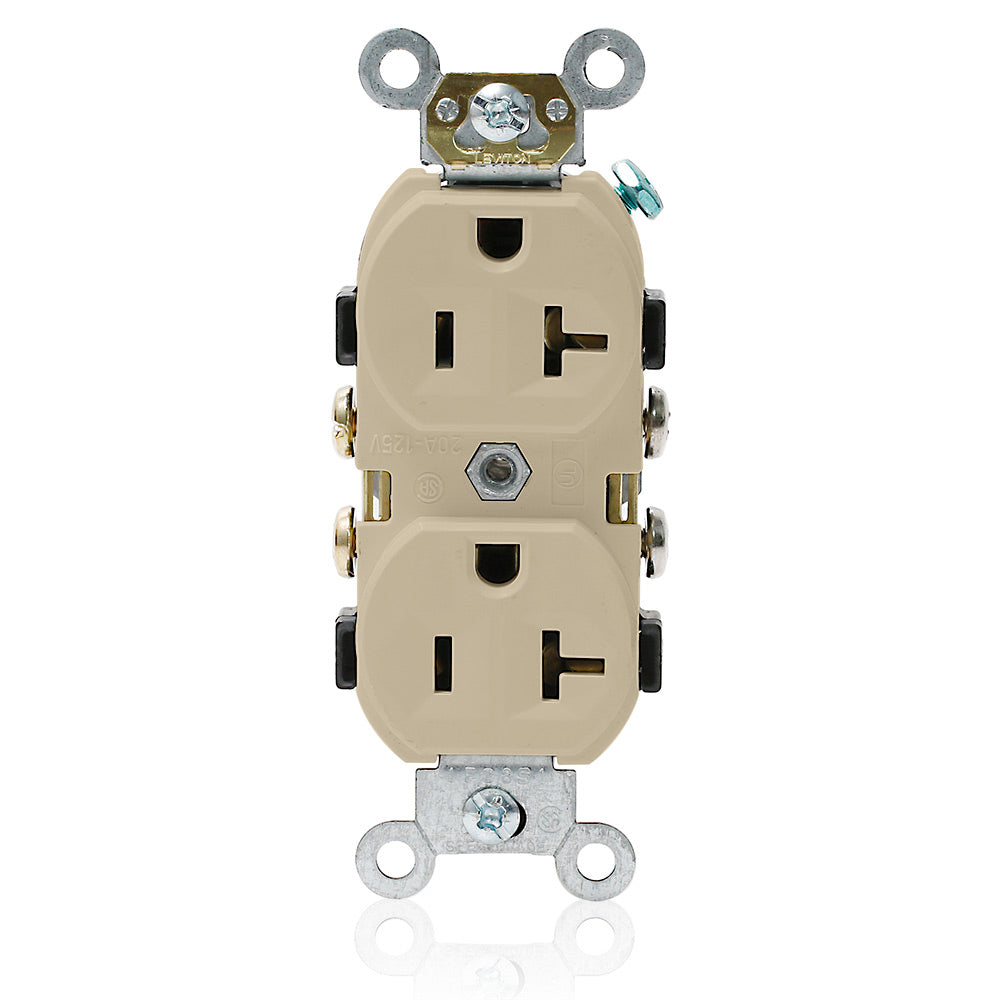 Leviton CR20-I | Duplex Receptacle Outlet, Commercial Specification Grade, Indented Face, 20 Amp, 125 Volt, NEMA 5-20R, 2-Pole, 3-Wire, Self-Grounding - Ivory