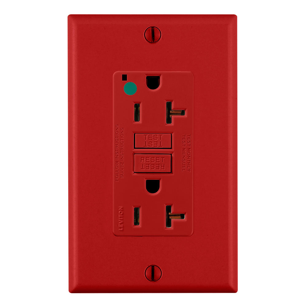 Leviton GFNT2-HGR | Self-Test SmartlockPro GFCI Duplex Receptacle Outlet, Extra Heavy-Duty Hospital Grade, Power Indication, Self-Grounding - Red