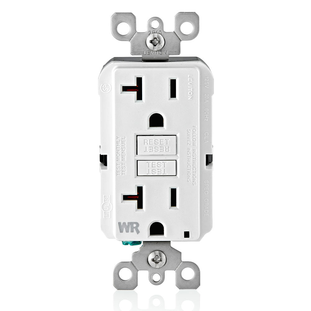 Leviton GFWR2-W | 20 Amp, 125 Volt Receptacle/Outlet, 20 Amp Feed-Through, Self-test SmartlockPro Slim Weather-Resistant GFCI, Monochromatic, White