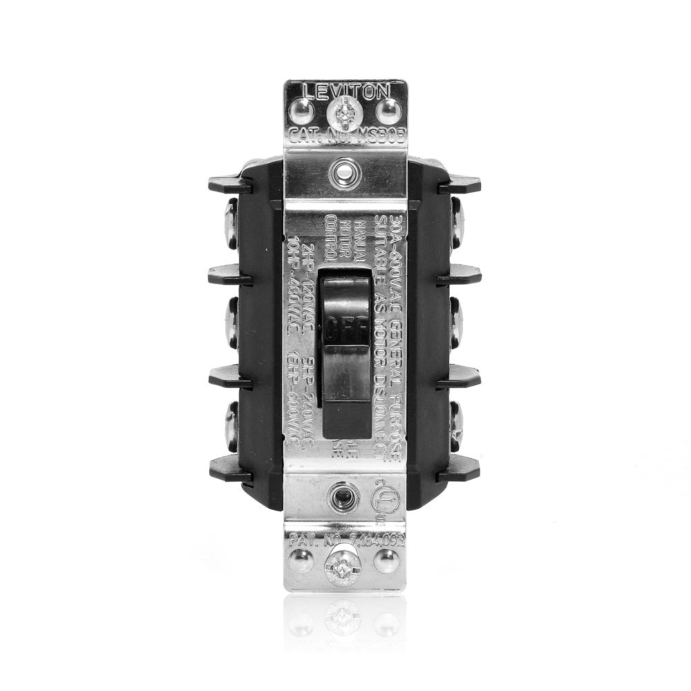 Leviton MS303-DS | 30 Amp, 600 Volt, 3-Pole, Three-Phase Single Throw AC Manual Motor Controller, Standard Toggle, Industrial Grade, Non-Grounding, Black