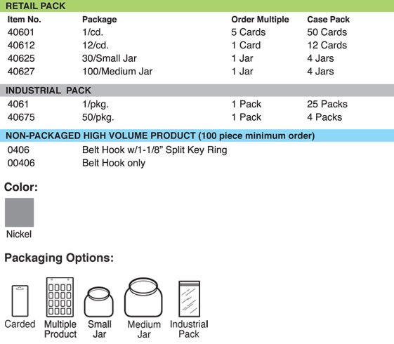 Lucky Line Products 40612 | Belt Hook, 2-7/8" Length, Nickel Plated Steel with 1-1/8" Split Ring, 12 each per Card