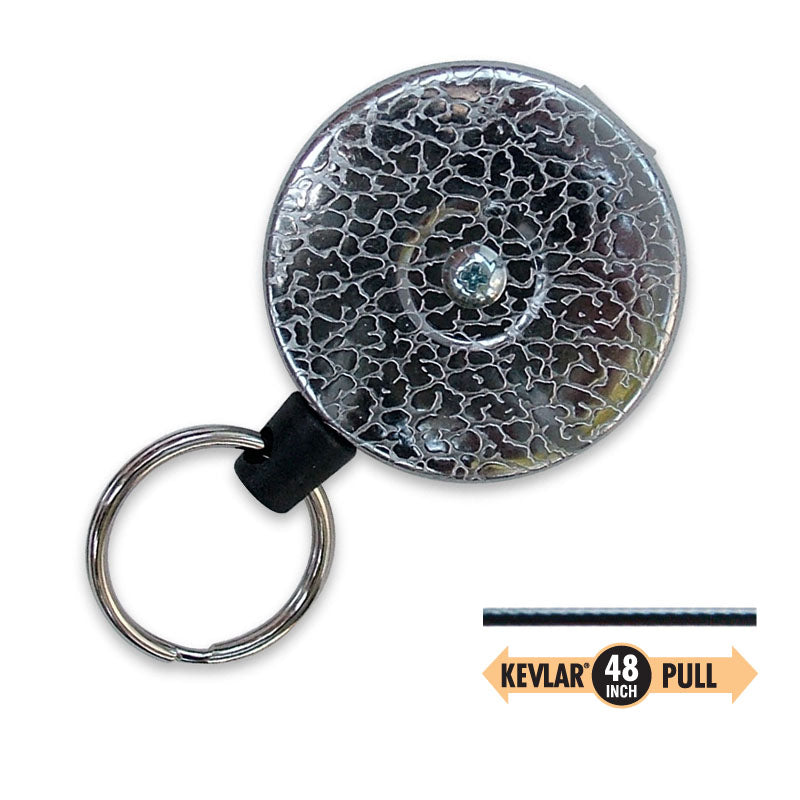 Lucky Line Products 43751 | Key Reel, Clip-On, 2" Diameter, Textured Chrome with 48" Retractable Pull Kevlar Cord, 2" Long Clip, for Security Personnel, Custodial Staff