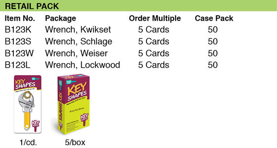 Lucky Line Products B123K | House Key, Kwikset, Wrench, Brass, Enamel Coating, 1 each per Card