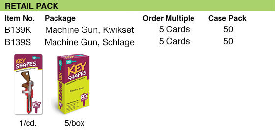 Lucky Line Products B139S | House Key, Schlage, Tommy Gun, Brass, Enamel Coating, 1 each per Card