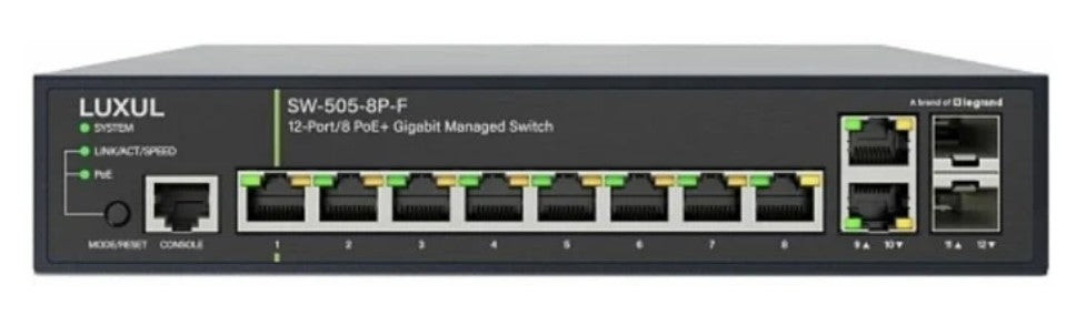 Luxul Wireless SW-505-8P-F | Managed PoE+ Switch, 12-Port, 8 x PoE+, 2 x RJ45, 2 x SFP