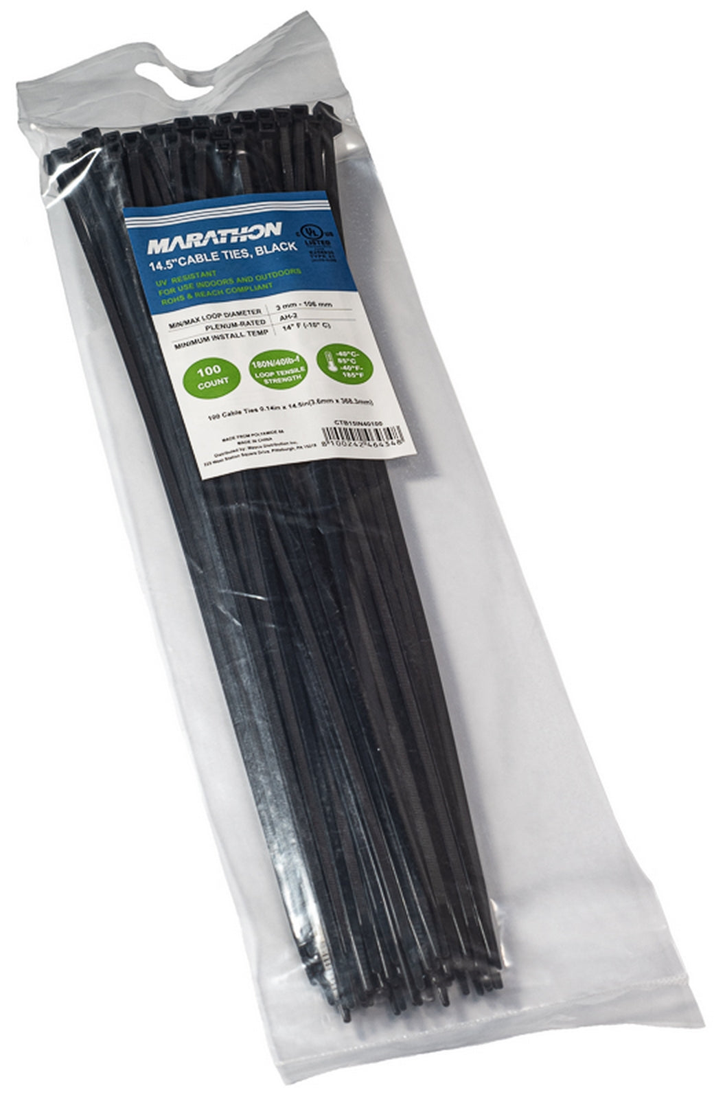 Marathon CTB15IN40100 | Cable Tie, Length 14.5 in. (370mm), Nylon 6.6, Tensile Strength 40 lb