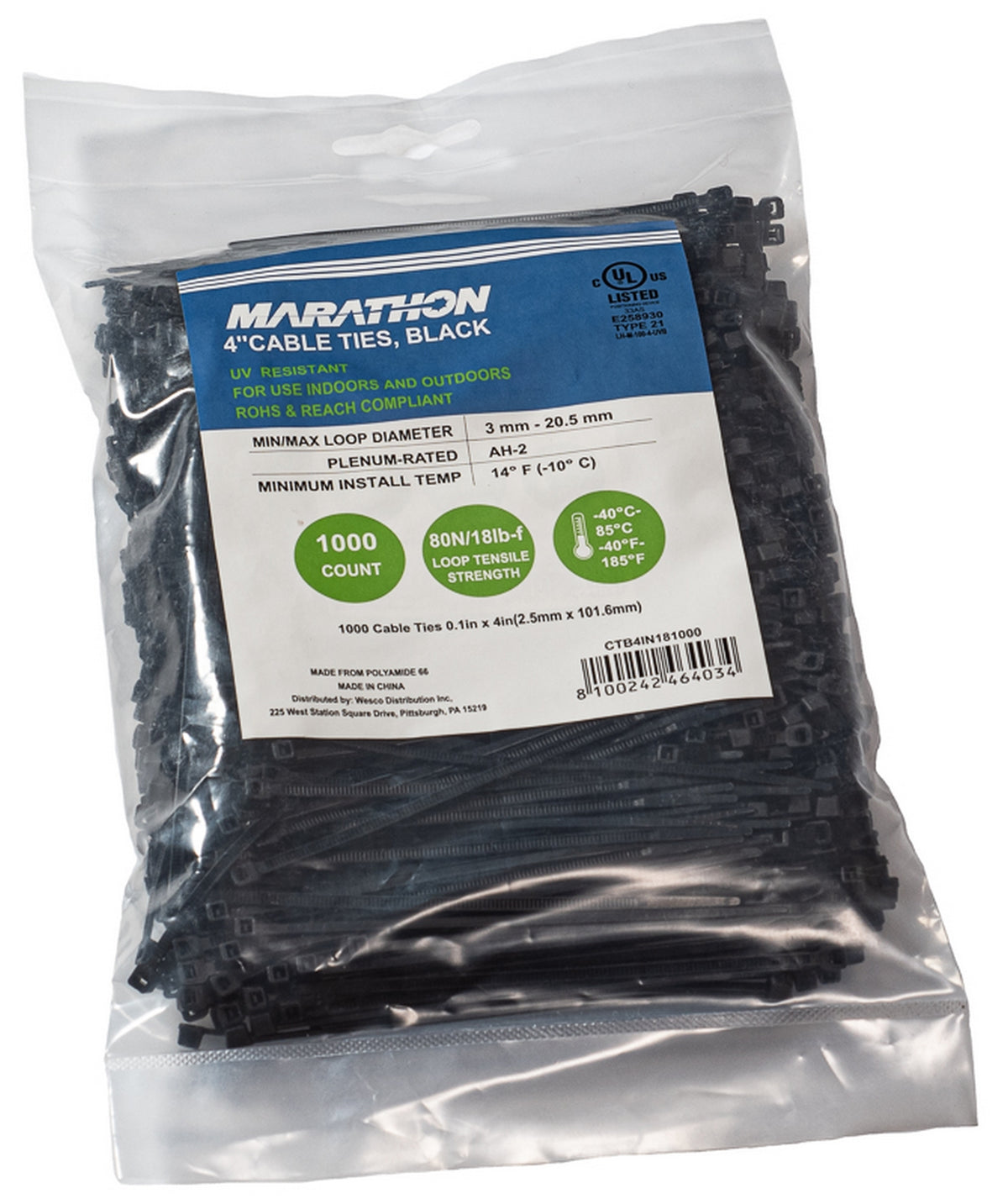 Marathon CTB4IN181000 | Cable Tie, Length 4 in. (100mm), Nylon 6.6, Tensile Strength 18 lb