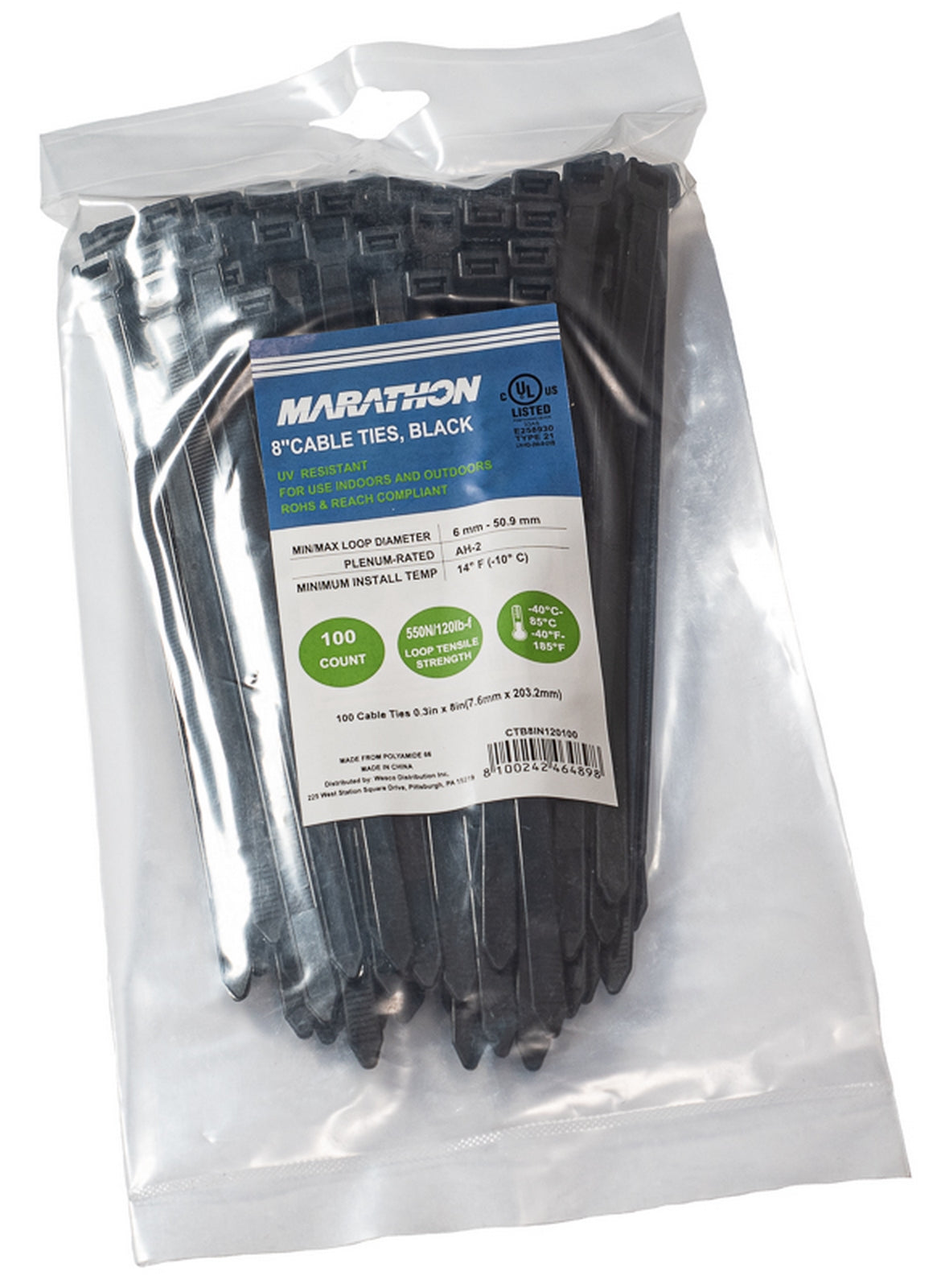 Marathon CTB8IN120100 | Cable Tie, Length 8 in, Nylon 6.6, Tensile Strength 120 lb