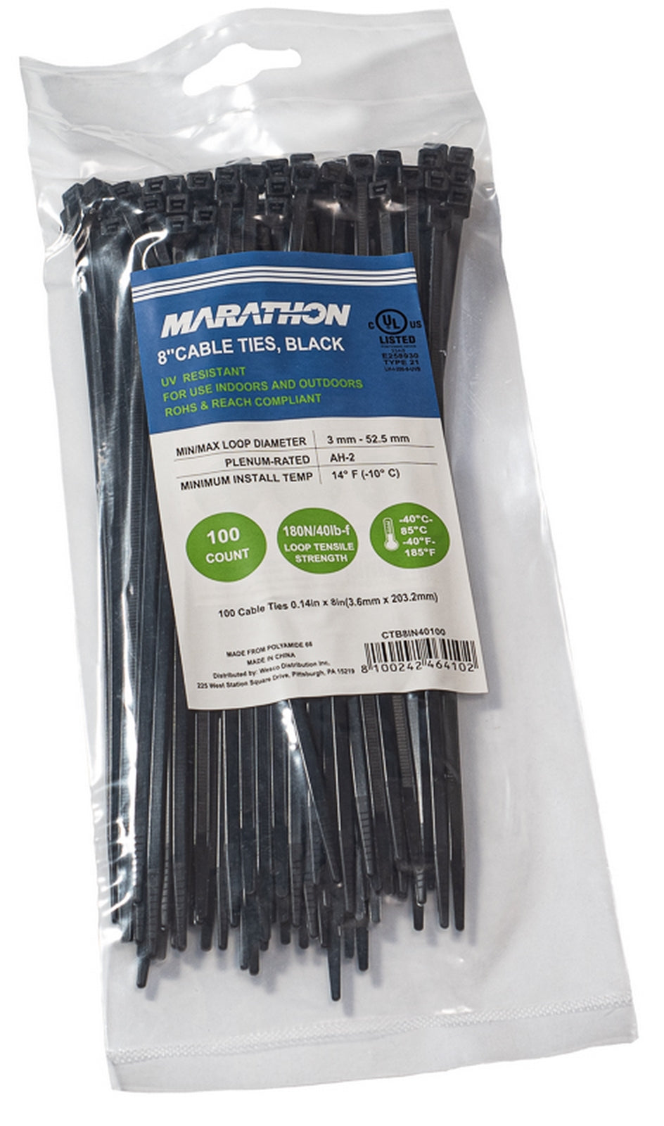 Marathon CTB8IN40100 | Cable Tie, Length 8 in. (200mm), Nylon 6.6, Tensile Strength 40 lb