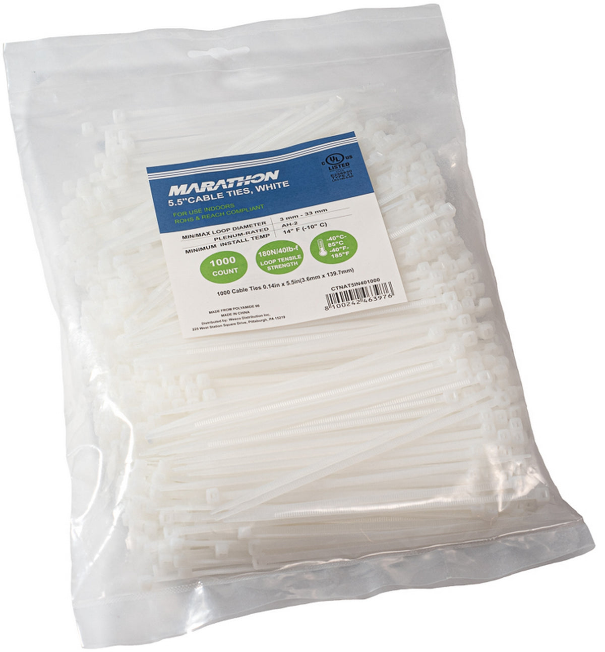 Marathon CTNAT5IN401000 | Cable Tie, Length 5.5 in. (140mm), Nylon 6.6, Tensile Strength 40 lb