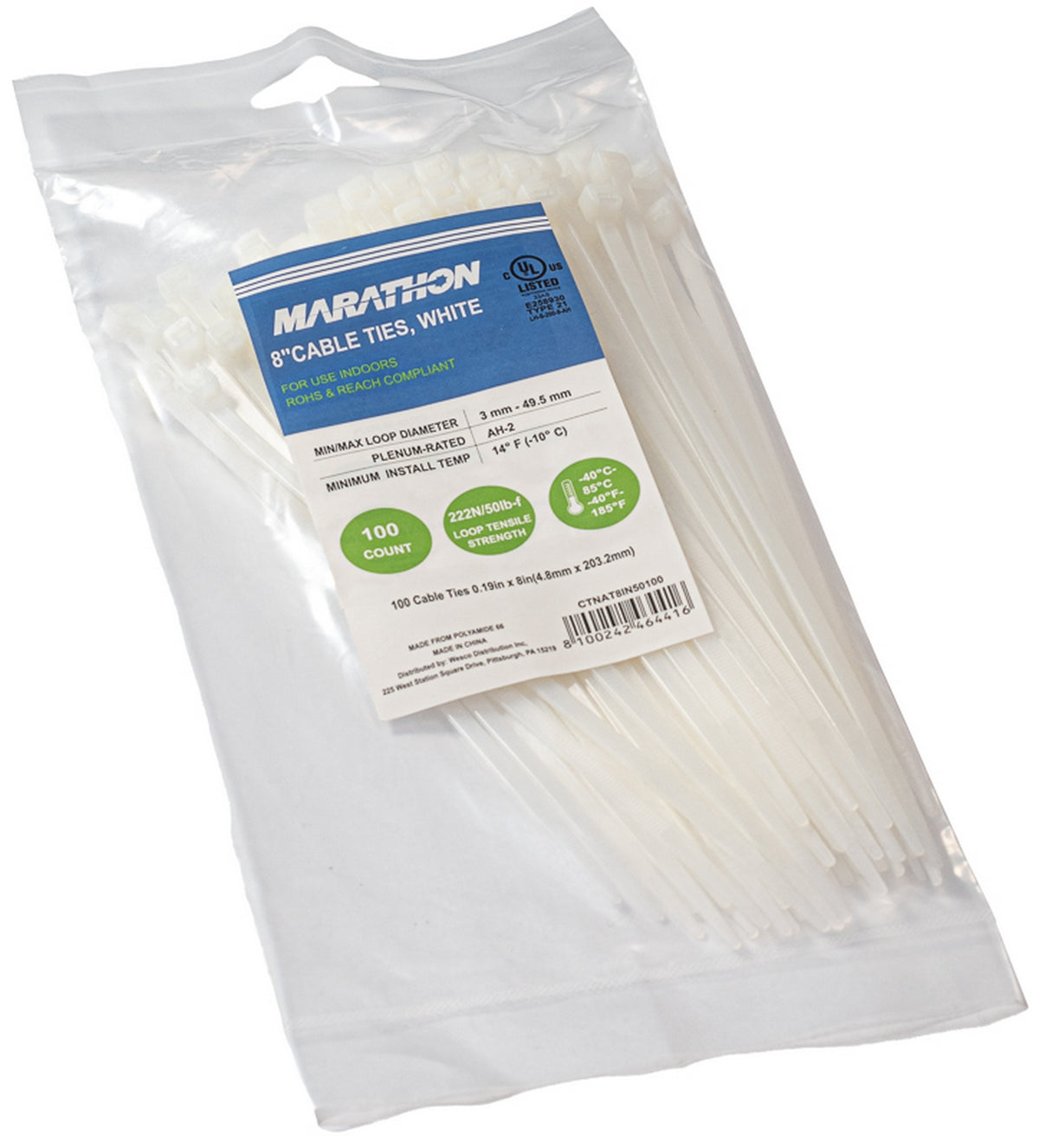Marathon CTNAT8IN50100 | Cable Tie, Length 8 in. (200mm), Nylon 6.6, Tensile Strength 50 lb