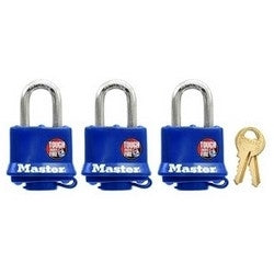 Master Lock 312TRI | Tumbler Padlock, Keyed Different, 4-Pin Cylinder, 1-9/16" Width, 1-1/16" Shackle Clearance, Laminated Steel, Blue, 3 each per Pack