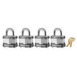 Master Lock 3QCOM | Tumbler Padlock, Keyed Different, 4-Pin W1 Cylinder, 1-9/16" Width, 3/4" Shackle Clearance, Laminated Steel, for Commercial, 4 each per Pack