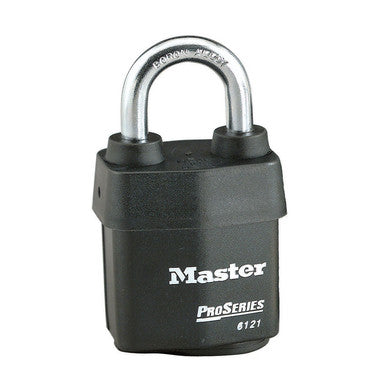 Master Lock 6121D | Tumbler Padlock, Proseries, Weather Tough, Keyed Different, 5-Pin Cylinder, 2-1/8" Width, 1-1/8" Shackle Clearance, Laminated Steel, Carded Pack