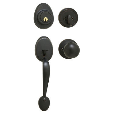 Master Lock HDLBC0612PKA4 | Handleset with Biscuit Style Knob Interior and Single Cylinder Deadbolt; Aged Bronze, KW1