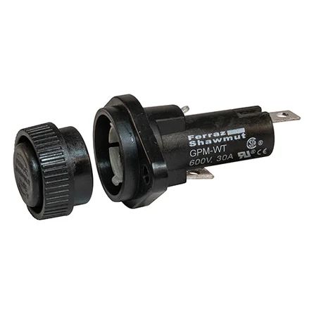 Mersen GPM-WT | Fuse Block 600VAC 600VDC 30A 1/4in Quick Connect / Solder Water-tight Screw Knob Panel Mount
