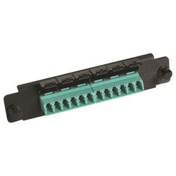 Commscope PNL-BK-012-MFA-LC12-AQ | 760148056 Adapter Panel, 1000-Type, LazrSPEED Multimode LC, 12 Fiber, Ganged Aqua Adapter, Black Panel, Shuttered