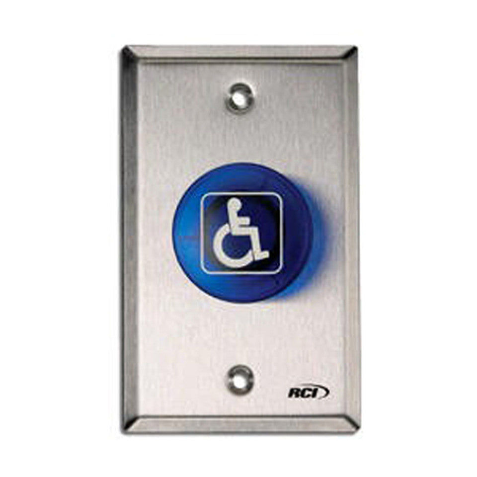 Rutherford Controls 906-BH-MO X 32D | Handicapped Symbol Momentary Action Mushroom Button, Brushed Stainless Steel Faceplate, Blue Cap