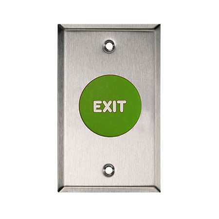 Rutherford Controls 908-GE-MO X 32D | Exit Symbol Momentary Action Mushroom Button, Brushed Stainless Steel Faceplate, Green Cap