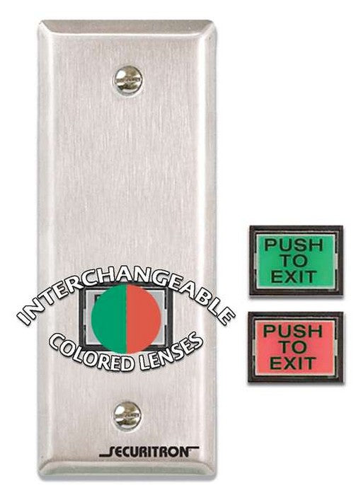 Securitron Magnalock Corp PB3EN | Pushbutton, Momentary, Narrow Stile, 3 Ampere, 4-1/2" X 1-3/4", Stainless Steel Plate, With Interchangeable Green/Red Lens