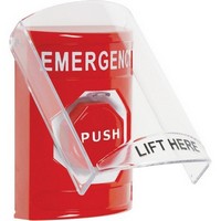 Safety Technology SS2028EM-EN | Red Indoor Only Flush or Surface Pneumatic (Illuminated) Stopper Station with EMERGENCY Label English