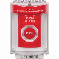 Safety Technology SS2041PX-EN | Red Indoor/Outdoor Flush with Horn Turn-to-Reset Stopper Station with PUSH TO EXIT Label English