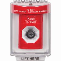 Safety Technology SS2043PX-EN | Red Indoor/Outdoor Flush with Horn Key-to-Activate Stopper Station with PUSH TO EXIT Label English