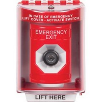 Safety Technology SS2083EX-EN | Red Indoor/Outdoor Surface with Horn Key-to-Activate Stopper Station with EMERGENCY EXIT Label English