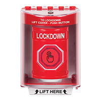 Safety Technology SS2086LD-EN | Red Indoor/Outdoor Surface with Horn Momentary (Illuminated) with Red Lens Stopper Station with LOCKDOWN Label English