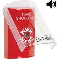 Safety Technology SS20A0HV-EN | Red Indoor Only Flush or Surface with Horn Key-to-Reset Stopper Station with HVAC SHUT DOWN Label English