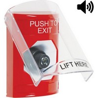 Safety Technology SS20A3PX-EN | Red Indoor Only Flush or Surface with Horn Key-to-Activate Stopper Station with PUSH TO EXIT Label English