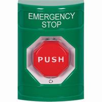 Safety Technology SS2109ES-EN | Green No Cover Turn-to-Reset (Illuminated) Stopper Station with EMERGENCY STOP Label English