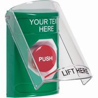 Safety Technology SS2124ZA-EN | Green Indoor Only Flush or Surface Momentary Stopper Station with Non-Returnable Custom Text Label English