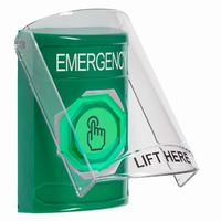 Safety Technology SS2126EM-EN | Green Indoor Only Flush or Surface Momentary (Illuminated) with Green Lens Stopper Station with EMERGENCY Label English