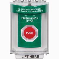 Safety Technology SS2134ES-EN | Green Indoor/Outdoor Flush Momentary Stopper Station with EMERGENCY STOP Label English