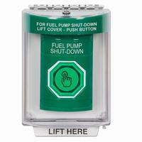 Safety Technology SS2136PS-EN | Green Indoor/Outdoor Flush Momentary (Illuminated) with Green Lens Stopper Station with FUEL PUMP SHUT DOWN Label English