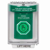 Safety Technology SS2137HV-EN | Green Indoor/Outdoor Flush Weather Resistant Momentary (Illuminated) with Green Lens Stopper Station with HVAC SHUT DOWN Label English