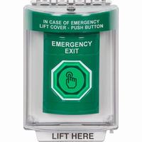 Safety Technology SS2146EX-EN | Green Indoor/Outdoor Flush with Horn Momentary (Illuminated) with Green Lens Stopper Station with EMERGENCY EXIT Label English