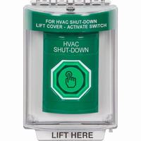 Safety Technology SS2146HV-EN | Green Indoor/Outdoor Flush with Horn Momentary (Illuminated) with Green Lens Stopper Station with HVAC SHUT DOWN Label English