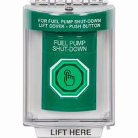Safety Technology SS2146PS-EN | Green Indoor/Outdoor Flush with Horn Momentary (Illuminated) with Green Lens Stopper Station with FUEL PUMP SHUT DOWN Label English