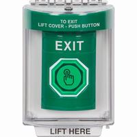 Safety Technology SS2146XT-EN | Green Indoor/Outdoor Flush with Horn Momentary (Illuminated) with Green Lens Stopper Station with EXIT Label English