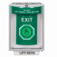 Safety Technology SS2147XT-EN | Green Indoor/Outdoor Flush with Horn Weather Resistant Momentary (Illuminated) with Green Lens Stopper Station with EXIT Label English