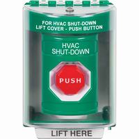 Safety Technology SS2175HV-EN | Green Indoor/Outdoor Surface Momentary (Illuminated) Stopper Station with HVAC SHUT DOWN Label English