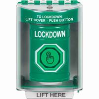 Safety Technology SS2176LD-EN | Green Indoor/Outdoor Surface Momentary (Illuminated) with Green Lens Stopper Station with LOCKDOWN Label English