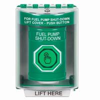 Safety Technology SS2177PS-EN | Green Indoor/Outdoor Surface Weather Resistant Momentary (Illuminated) with Green Lens Stopper Station with FUEL PUMP SHUT DOWN Label English