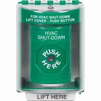 Safety Technology SS2180HV-EN | Green Indoor/Outdoor Surface with Horn Key-to-Reset Stopper Station with HVAC SHUT DOWN Label English