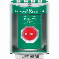 Safety Technology SS2182PX-EN | Green Indoor/Outdoor Surface with Horn Key-to-Reset (Illuminated) Stopper Station with PUSH TO EXIT Label English