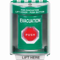 Safety Technology SS2185EV-EN | Green Indoor/Outdoor Surface with Horn Momentary (Illuminated) Stopper Station with EVACUATION Label English
